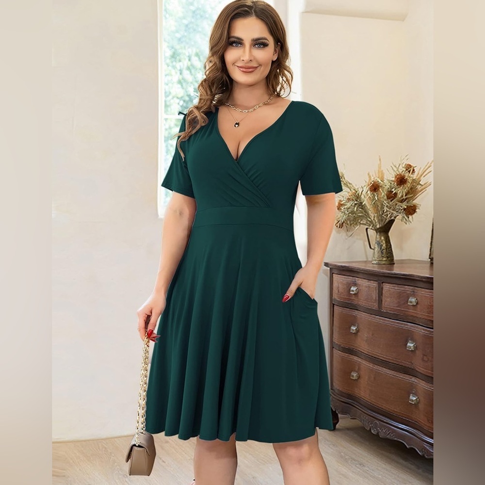 new-1XL Elegant Green V-Neck Wrap Front 
Emerald Green Pocket Dress